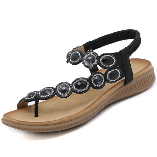 ZOEASHLEY Sandalen Damen Strass Flache Sandaletten Sommer Offene Zehe Zehentrenner Bohemian Flip Flops Schwarz28 38 EU von ZOEASHLEY