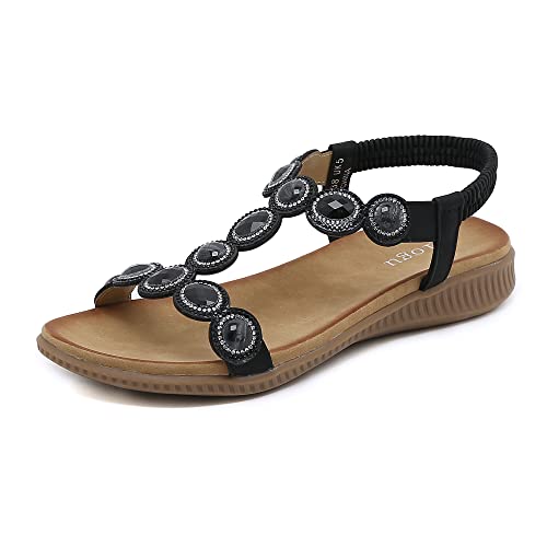 ZOEASHLEY Sandalen Damen Strass Flache Sandaletten Sommer Offene Zehe Zehentrenner Bohemian Flip Flops Schwarz29 36 EU von ZOEASHLEY