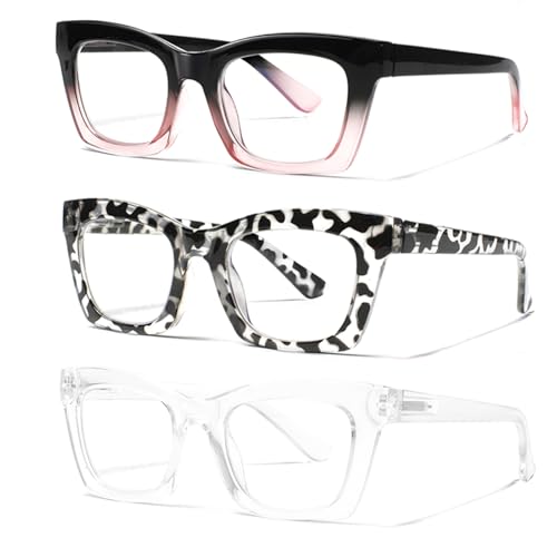 ZOECENT 3 Pack Lesebrille Damen Blaulichtfilter Brille Federscharniere Computer Brillen übergroße Quadratische Lesebrillen (3 Farbe-1, 1.25, x) von ZOECENT