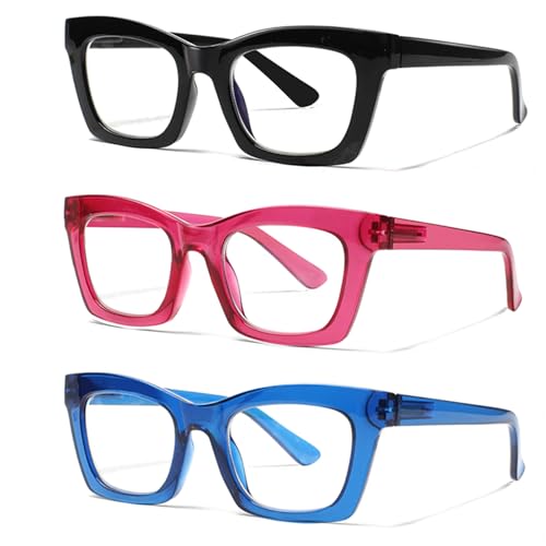 ZOECENT 3 Pack Lesebrille Damen Blaulichtfilter Brille Federscharniere Computer Brillen übergroße Quadratische Lesebrillen (3 Farbe-2, 2.00, x) von ZOECENT