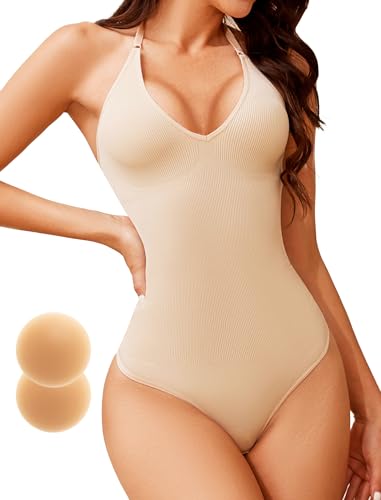 ZOEMAXIA Shapewear Damen Halter Neck Bodysuit Bauchweg Tanga Figurformender Nahtlos Slimming Body Shaper String, Beige, XXL von ZOEMAXIA