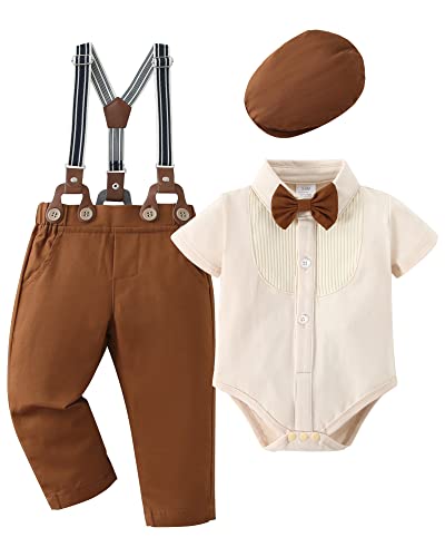 ZOEREA 4tlg Baby Jungen Kleidung Set Taufbekleidung Sommer Strampler mit Fliege + Hosenträge Baby Bekleidungssets Gentleman Anzug Beige(Kurzen Ärmeln),0-3 Monate von ZOEREA