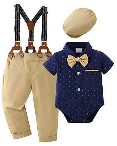 ZOEREA 4tlg Baby Jungen Kleidung Set Taufbekleidung Sommer Strampler mit Fliege + Hosenträge Baby Bekleidungssets Gentleman Anzug Dunkelblau(Kurzen Ärmeln),0-3 Monate von ZOEREA