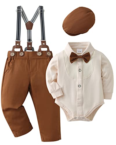 ZOEREA 4tlg Baby Jungen Kleidung Set Taufbekleidung Strampler mit Fliege + Hosenträge Baby Bekleidungssets Gentleman Anzug für Festliche Hochzeit Beige,3-6 Monate von ZOEREA