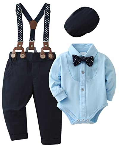 ZOEREA 4tlg Baby Jungen Kleidung Set Taufbekleidung Strampler mit Fliege + Hosenträge Baby Bekleidungssets Gentleman Anzug für Festliche Hochzeit Blau,0-3 Monate von ZOEREA