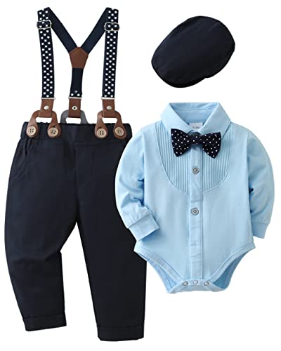 ZOEREA 4tlg Baby Jungen Kleidung Set Taufbekleidung Strampler mit Fliege + Hosenträge Baby Bekleidungssets Gentleman Anzug für Festliche Hochzeit Blau,3-6 Monate von ZOEREA