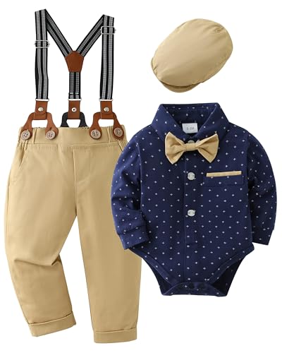 ZOEREA 4tlg Baby Jungen Kleidung Set Taufbekleidung Strampler mit Fliege + Hosenträge Baby Bekleidungssets Gentleman Anzug für Festliche Hochzeit Dunkelblau,12-18 Monate von ZOEREA