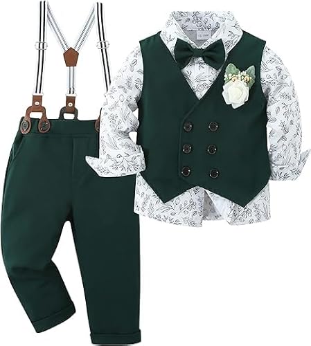ZOEREA Baby Jungen Bekleidungsset Anzug Festliche Hochzeit Langarm Kleid Hemd + Bowtie + Weste + Boutonniere + Hosenträge Stil 2 Grün,12-18 Monate von ZOEREA