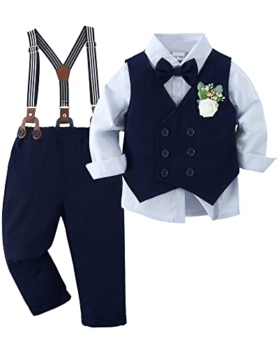 ZOEREA Baby Jungen Bekleidungsset Anzug Gentleman Festliche Taufe Hochzeit Langarm Kleid Hemd + Bowtie + Weste + Boutonniere + Hosenträge Blau,12-18 Monate von ZOEREA