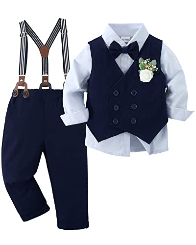 ZOEREA Baby Jungen Bekleidungsset Anzug Gentleman Festliche Taufe Hochzeit Langarm Kleid Hemd + Bowtie + Weste + Boutonniere + Hosenträge Blau,18-24 Monate von ZOEREA