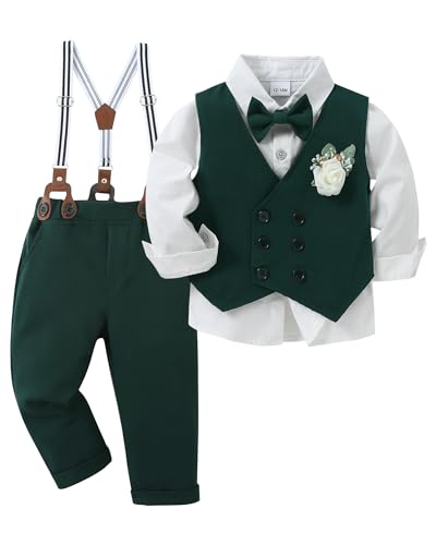 ZOEREA Baby Jungen Bekleidungsset Anzug Gentleman Festliche Taufe Hochzeit Langarm Kleid Hemd + Bowtie + Weste + Boutonniere + Hosenträge Grün,2-3 Jahre von ZOEREA