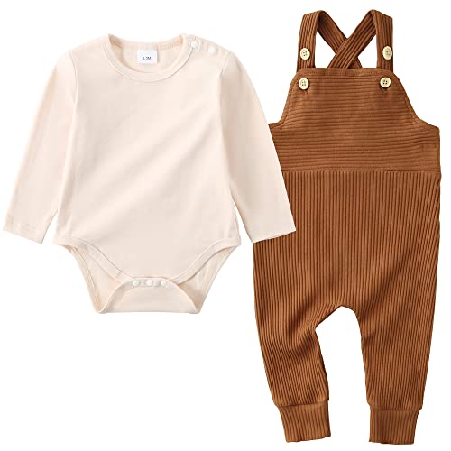 ZOEREA Baby Jungen Bekleidungssets Neugeborenes Baby Kleidung Baumwolle Langarm Streifen Strampler + Latzhose Hose Outfits Set Beige,0-3 Monate von ZOEREA