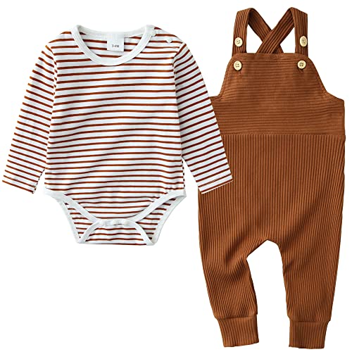 ZOEREA Baby Jungen Bekleidungssets Neugeborenes Baby Kleidung Baumwolle Langarm Streifen Strampler + Latzhose Hose Outfits Set Braun,0-3 Monate von ZOEREA