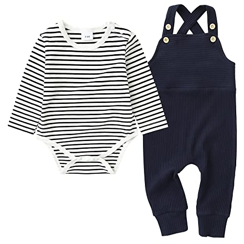 ZOEREA Baby Jungen Bekleidungssets Neugeborenes Baby Kleidung Baumwolle Langarm Streifen Strampler + Latzhose Hose Outfits Set Dunkelblau,6-12 Monate von ZOEREA