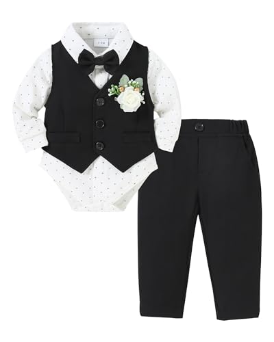 ZOEREA Baby Jungen Gentleman Anzug, Kleinkind Hochzeit Taufe Festliche Langarm Strampler Hemd + Fliege + Weste + Korsage + Hosenträge Schwarz, 0-3 Monate von ZOEREA