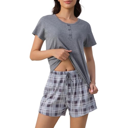ZOEREA Baumwoll Pyjama Damen Kurz Set Damen Zweiteiler Hausanzug Kurzarm mit Breitem Elastischem Hosenbund Loungewear Set von ZOEREA
