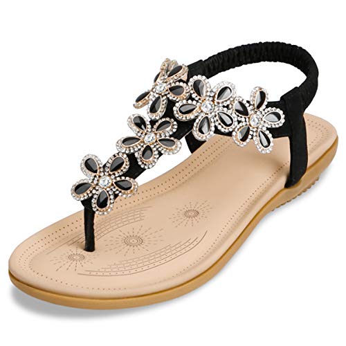 ZOEREA Damen Sandalen Sommer Flach Sandals, Frauen Bohemia Strass Sandals PU Leder Elastischen Strand Sommerschuhe Zehentrenner Schwarz,37 von ZOEREA