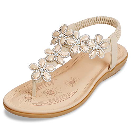 ZOEREA Damen Sandalen Sommer Flach Sandals, Frauen Bohemia Strass Sandals PU Leder Elastischen Strand Sommerschuhe Zehentrenner Stil 1 Beige, 42 EU von ZOEREA