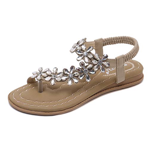 ZOEREA Damen Sandalen Sommer Flach Sandals, Frauen Bohemia Strass Sandals PU Leder Elastischen Strand Sommerschuhe Zehentrenner Stil 5 Beige, 41 EU von ZOEREA