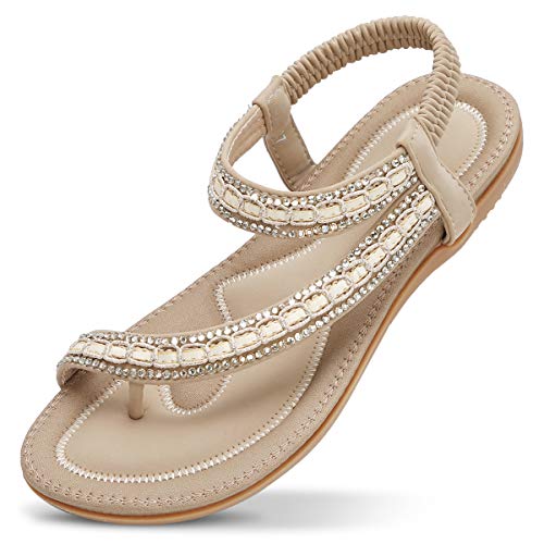 ZOEREA Damen Sandalen Sommer Flach Sandals Frauen Bohemia Strass Sandals PU Leder Elastischen Strand Sommerschuhe Zehentrenner Stil 4 Beige, 38 EU von ZOEREA