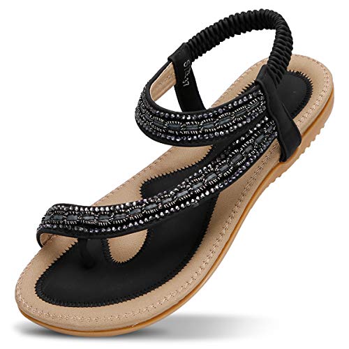 ZOEREA Damen Sandalen Sommer Flach Sandals Frauen Bohemia Strass Sandals PU Leder Elastischen Strand Sommerschuhe Zehentrenner Stil 4 Schwarz, 44 EU von ZOEREA