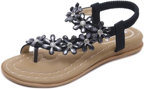 ZOEREA Damen Sandalen Sommer Flach Sandals Frauen Bohemia Strass Sandals PU Leder Elastischen Strand Sommerschuhe Zehentrenner Stil 5 Schwarz, 39 EU von ZOEREA