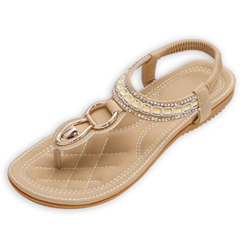 ZOEREA Flache Sandalen Damen Sommer Bohemian Sandalette Stand Zehentrenner Beach Sandaletten Flip Flops Stil A Beige,37 EU von ZOEREA
