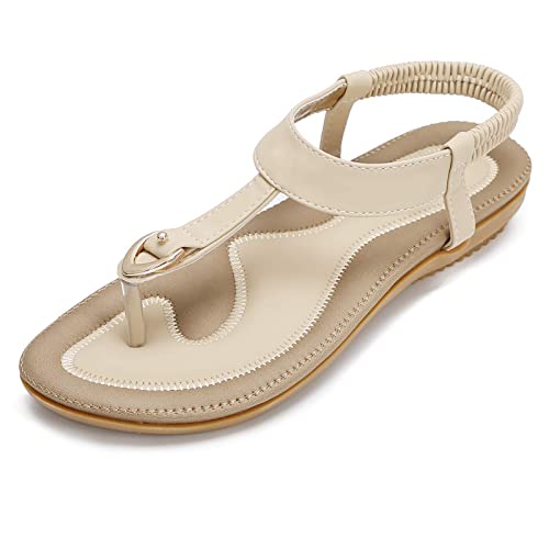 ZOEREA Flache Sandalen Damen Sommer Bohemian Sandalette Stand Zehentrenner Beach Sandaletten Flip Flops Stil B Beige,39 EU von ZOEREA