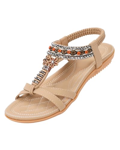 ZOEREA Flache Sandalen Damen Sommer Bohemian Sandalette Stand Zehentrenner Beach Sandaletten Flip Flops Stil F Beige,42 EU von ZOEREA