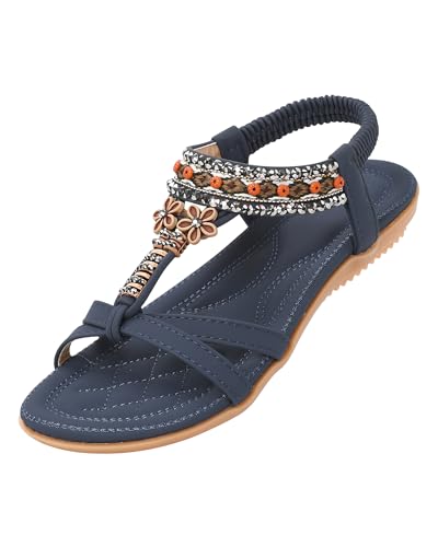 ZOEREA Flache Sandalen Damen Sommer Bohemian Sandalette Stand Zehentrenner Beach Sandaletten Flip Flops Stil F Marineblau,40 EU von ZOEREA