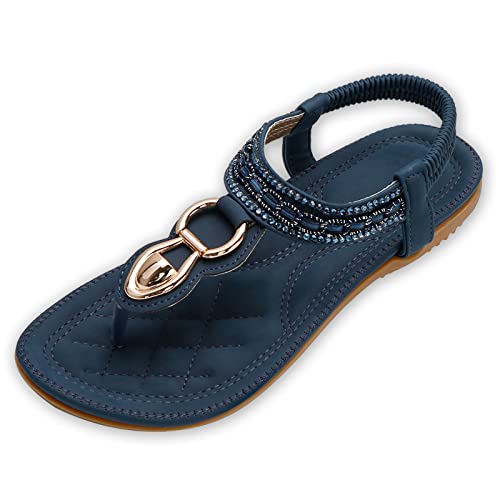 ZOEREA Flache Sandalen Damen Sommer Sandalette Bohemian Stand Zehentrenner Beach Sandaletten Flip Flops Stil A Dunkelblau,39 EU von ZOEREA
