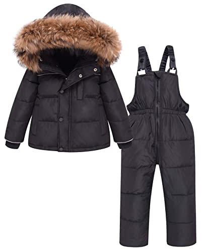 ZOEREA Kinder Bekleidungsset Junge Mädchen Süß Schneeanzug mit Kaputze Daunenjacke + Daunenhose 2tlg Verdickte Skianzug Winterjacke (120, Stil 2 Schwarz) von ZOEREA