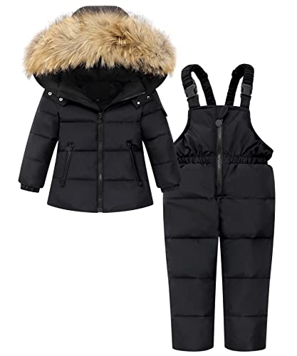 ZOEREA Kinder Bekleidungsset Junge Mädchen Süß Schneeanzug mit Kaputze Daunenjacke + Daunenhose 2tlg Verdickte Skianzug Winterjacke Schwarz, Etikett 100 von ZOEREA