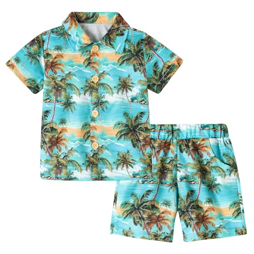 ZOEREA Kleinkind Baby Jungen Kleidung Hawaii-Outfit Shorts Sets Bedrucktes Hemd und Shorts mit Knopfleiste Sommer Strand Kleidung 1-5T, Blaue Handfläche, 3-4 Jahre von ZOEREA