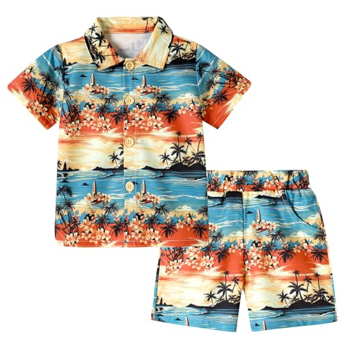 ZOEREA Kleinkind Baby Jungen Kleidung Hawaii-Outfit Shorts Sets Bedrucktes Hemd und Shorts mit Knopfleiste Sommer Strand Kleidung 1-5T, Orangefarbene Handfläche, 4-5 Jahre von ZOEREA