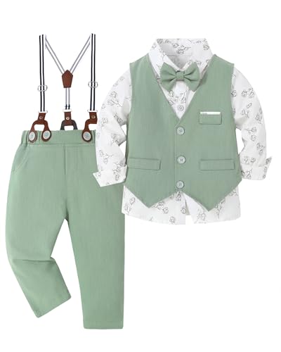 ZOEREA Kleinkind Jungen Anzug formelle Hochzeit Outfits Gentleman Kleidung Langarm Shirt + Strapshose + Fliege, Hellgrün, 5-6 Years von ZOEREA