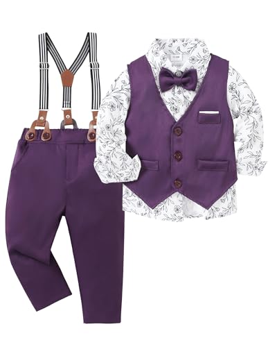 ZOEREA Kleinkind Jungen Anzug formelle Hochzeit Outfits Gentleman Kleidung Langarm Shirt + Strapshose + Fliege, Violett, 5-6 Years von ZOEREA