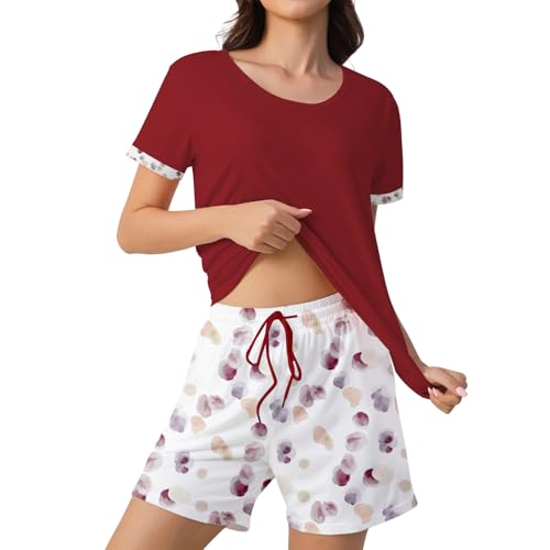 ZOEREA Schlafanzug Damen Kurz Pyjama Set Baumwolle Rundhals Zweiteiliger Nachtwäsche Shorty Loungewear Elastischer Bund Taschen Sleepwear für Sommer Rot, M von ZOEREA