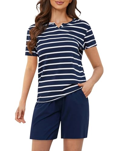 ZOEREA Schlafanzug Damen Kurz Sommer Zweiteiliger Nachtwäsche V-Ausschnitt mit Karierten Shorts Sleepwear Hausanzug Marineblau(Kurze Ärme), M von ZOEREA