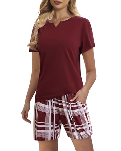 ZOEREA Schlafanzug Damen Kurz Sommer Zweiteiliger Nachtwäsche V-Ausschnitt mit Karierten Shorts Sleepwear Hausanzug Rot(Kurze Ärme), XL von ZOEREA