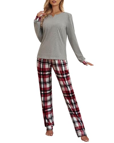 ZOEREA Schlafanzug Damen Pyjama Set Lang Zweiteiliger Nachtwäsche V-Ausschnitt Elastischer Bund Langarm Hausanzug mit Karierte Hose für Frühling Herbst Grau, M von ZOEREA