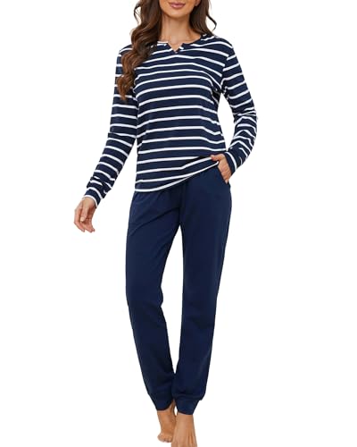 ZOEREA Schlafanzug Damen Pyjama Set Lang Zweiteiliger Nachtwäsche V-Ausschnitt Elastischer Bund Langarm Hausanzug mit Karierte Hose für Frühling Herbst Marineblau, L von ZOEREA