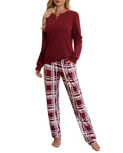 ZOEREA Schlafanzug Damen Pyjama Set Lang Zweiteiliger Nachtwäsche V-Ausschnitt Elastischer Bund Langarm Hausanzug mit Karierte Hose für Frühling Herbst Rot, L von ZOEREA