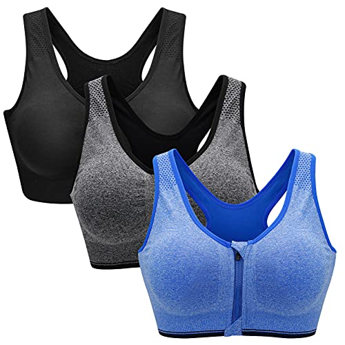 ZOEREA Sports BH Damen Push Up Zip Front, 3er Pack Impact Yoga Bra Schwarz Grau und Blau,3XL von ZOEREA