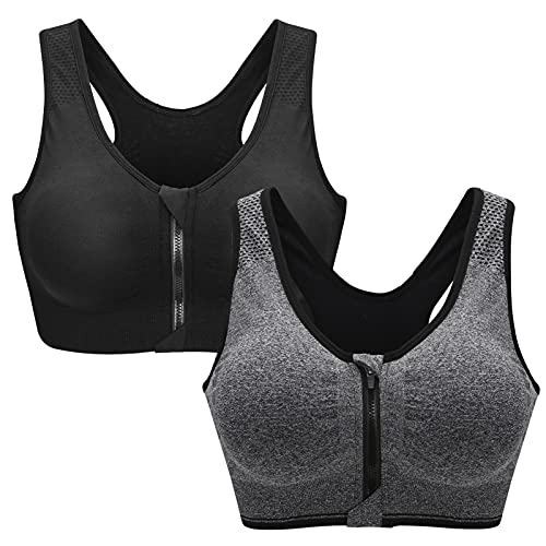 ZOEREA Sports BH Damen Push Up Zip Front, 3er Pack Impact Yoga Bra Schwarz und Grau,3XL von ZOEREA