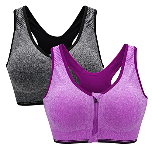 ZOEREA Sports BH Damen Push Up Zip Front Impact Yoga Bra Grau und Lila,3XL von ZOEREA