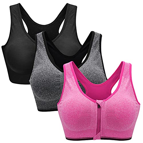 ZOEREA Sports BH Damen Push Up Zip Front, 3er Pack Impact Yoga Bra Schwarz Grau und Rot,2XL von ZOEREA