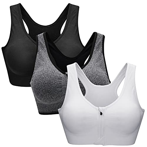 ZOEREA Sports BH Damen Push Up Zip Front Impact Yoga Bra Schwarz grau und Weiß,M von ZOEREA