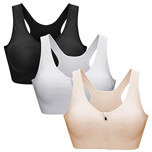 ZOEREA Sports BH Damen Push Up Zip Front Impact Yoga Bra (L, Schwarz+Weiß+Beige) von ZOEREA