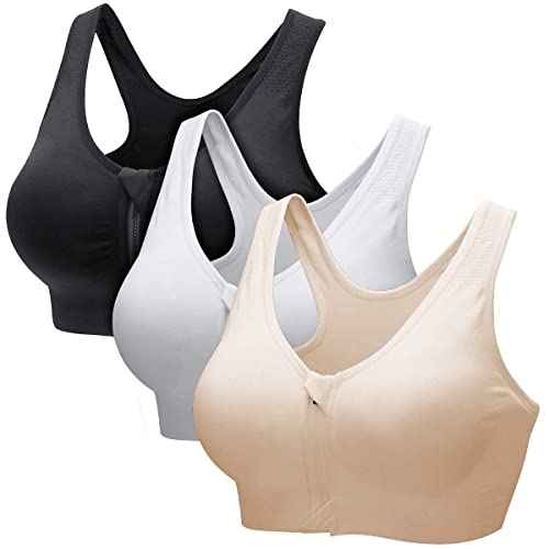 ZOEREA Sports BH Damen Push Up Zip Front Impact Yoga Bra (XXL, Schwarz+Weiß+Beige) von ZOEREA